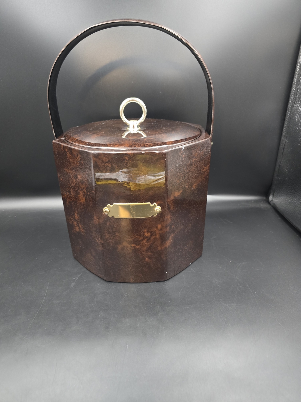 Tortoiseshell-Style Ice Bucket with Gold Accents and Carry Handle